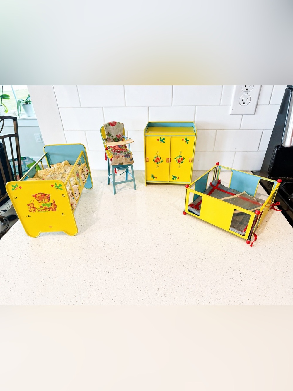 J Chein Tin Litho Doll Furniture 1950s High Chair Crib Wardrobe Playpen Set